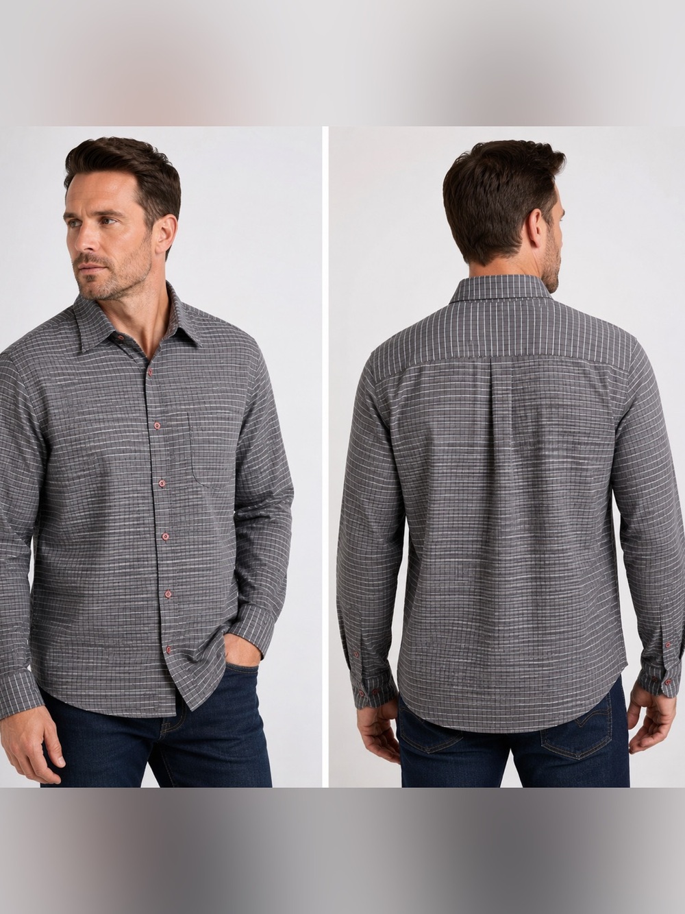 Haggar Gray Windowpane Button Front Dress Shirt Mens M Lightweight Long Sleeve